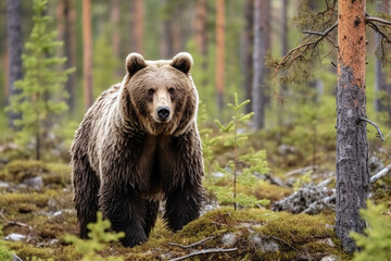 Fototapeta premium A fierce ursus arctos or giant brown bear walks through the green abundant pine forest. Generative AI.