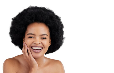 Cosmetics, natural beauty and portrait of black woman with skincare isolated on transparent, png background. Skin glow, excited and dermatology of a female person with smile and happy from treatment