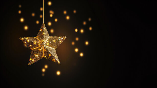 Golden Christmas star on black background with bokeh effect.