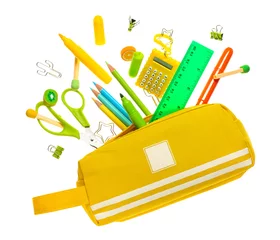  Pencil case with colorful stationery flying on white background © Pixel-Shot