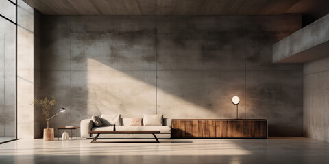 The room's simplicity is highlighted by the lights, giving life to the cold concrete surroundings