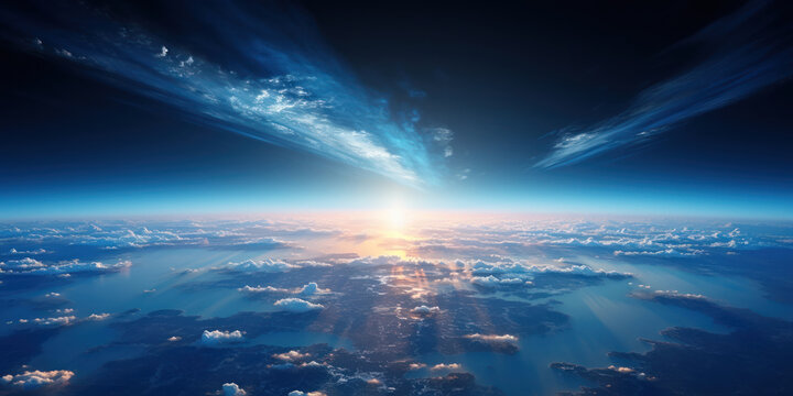 From above, the planet Earth appears as a majestic orb, swirling with clouds and vast blue oceans