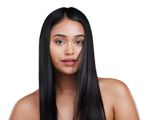 Naklejka premium Beauty, hair and portrait of woman with shampoo results on isolated, transparent or png background. Haircare, texture and face of Indian female model with luxury volume, growth and keratin shine
