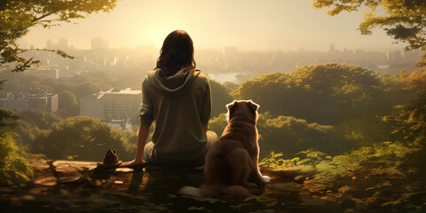 The park scene unfolds with a woman and her helper dog, a partnership of trust and companionship - obrazy, fototapety, plakaty