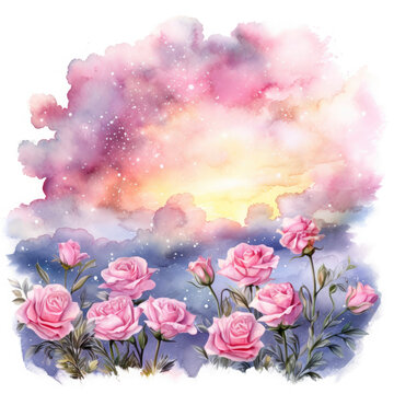 Fantasy magical morning or evening sky with fabulous romantic pink rose flowers garden, shining stars and mysterious clouds Illustration, Generative Ai