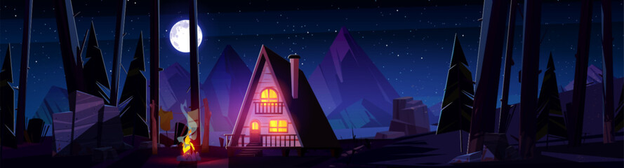Wooden house near night forest river. Vector cartoon illustration of cozy cottage with bonfire near porch and warm yellow light in windows, chimney on roof, stars and full moon glowing in midnight sky