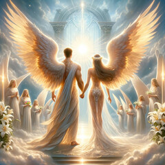 Heavenly Union Angelic Wedding at the Pearly Gates - obrazy, fototapety, plakaty