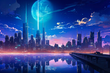 Futuristic city at night with skyscrapers and reflection in water