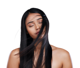 Hair, closed eyes and woman with long hairstyle, beauty and luxury salon treatment isolated on a transparent background. Person, model and girl with grooming, volume and texture with png and blowing