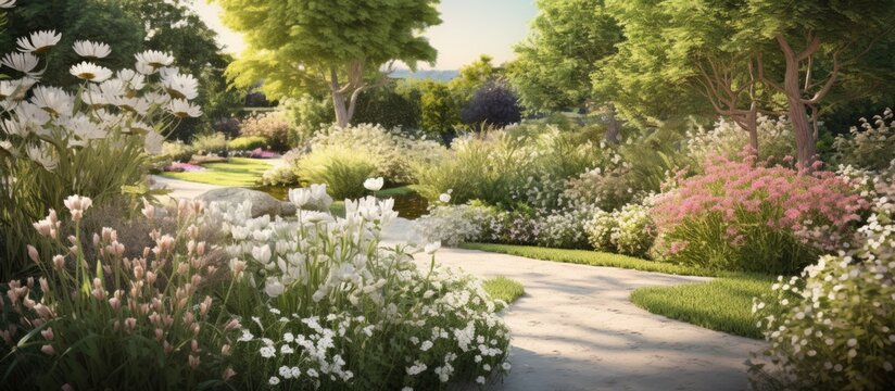 The summer landscape design featured a beautiful floral illustration with a white flower as the focal point adding to the natural beauty of the garden while the background texture added dep