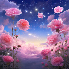 Obraz premium Fantasy magical morning or evening sky with fabulous romantic pink rose flowers garden, shining stars and mysterious clouds Illustration, Generative Ai