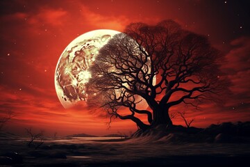 Un árbol con las hojas secas y la luna llena de fondo. Es de noche pero hay nubes y una atmósfera de color rojizo - obrazy, fototapety, plakaty
