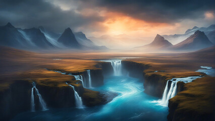 Moody landscape with waterfalls in the mountains.