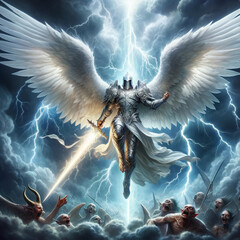 Epic Battle of Good vs Evil: Angel Warrior in Thunderstorm - obrazy, fototapety, plakaty