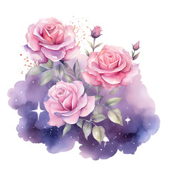 Fantasy magical morning or evening sky with fabulous romantic pink rose flowers garden, shining stars and mysterious clouds Illustration, Generative Ai - obrazy, fototapety, plakaty