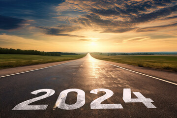2024 New Year Beginning Concept: '2024' Written on a Straight Asphalt Road to Mountain Horizon with Sunset Mountain Background. Beautiful Evening with Copy Space for Text, Banner, or Poster - obrazy, fototapety, plakaty