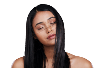 Haircare, beauty and relax with woman with long hair, luxury and salon treatment isolated on a transparent background. Person, Brazil and model with style, texture and volume with png, shine and glow