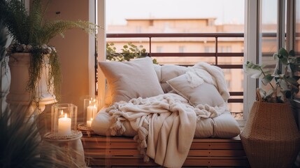 Cosy armchair and candle lights, winter balcony home decor, calm and relax city living mockup arrangement, Generative ai