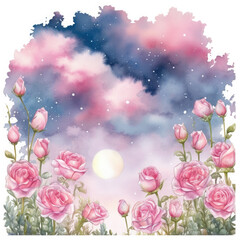 Fototapeta premium Fantasy magical morning or evening sky with fabulous romantic pink rose flowers garden, shining stars and mysterious clouds Illustration, Generative Ai