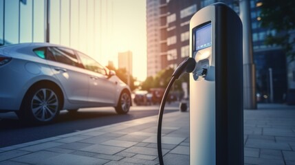 Fototapeta premium Close up of electric car charging station with cloudy sky day light cityscape background.