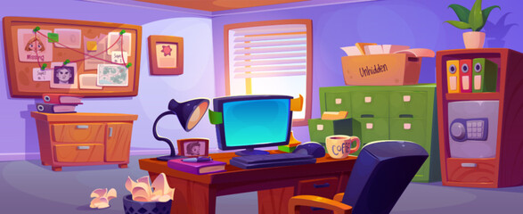 Detective room interior with furniture and equipment - desk with pc and chair, investigation map on pin board on wall, rack with archive documents and safe box. Cartoon police office and crime bureau.