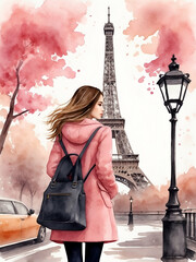 Watercolor woman in jeans and pink jacket on white background. Isolated travel lady. in Paris, France.