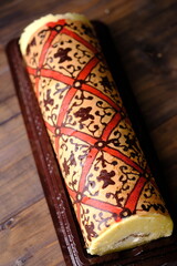 Bolu Batik Gulung dan Bakpia Kukus Batik, is a roll cake with a batik motif on the surface. Steamed bakpia with batik motif. Sponge with a typical Indonesian motif. Indonesian food.