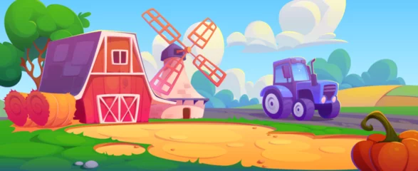 Gardinen Cartoon farm landscape with red wooden barn and mill, tractor and hay bale and pumpkin in field under blue sky with clouds. Vector illustration of rural village scenery with agriculture elements. © klyaksun