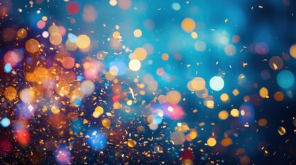 A festive and colorful party with flying neon confetti on a purple, red and blue background - obrazy, fototapety, plakaty