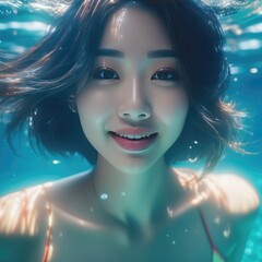 The girl and the sea. The girl is swimming underwater.