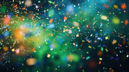 A festive and colorful party with flying neon confetti on a green background