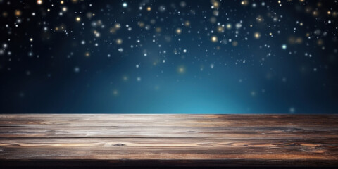 Naklejka na ściany i meble Empty old wooden table over magic dark blue glitter Christmas background