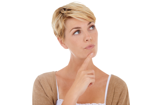 Woman, finger or thinking of idea, future or vision inspiration on isolated, transparent or png background. Model, person or planning decision in fashion style choice, trendy or cool clothes solution