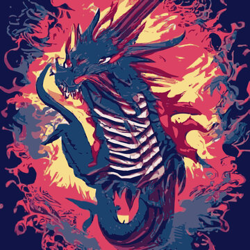 A blue dragon with red and yellow flames design for use in design and print poster canvas