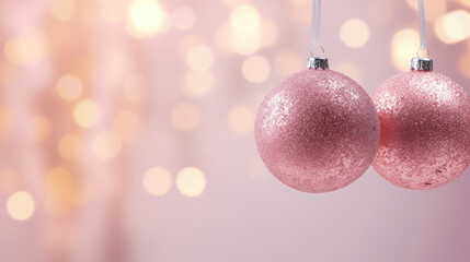 Pink Christmas decorative balls hanging on bokeh lights soft background