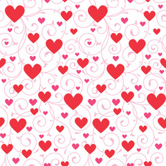 Seamless Pattern of Valentines Day Hearts and Swirls- Valentines Day Vector Illustration