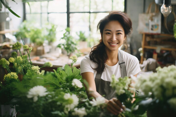 Woman stands in flower shop, holding beautiful bunch of flowers. Perfect for adding touch of nature and beauty to any project or design.