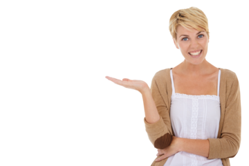 Portrait, show and woman with promotion, hand palm and announcement isolated on a transparent background. Face, person and model with presentation, opportunity and decision with option, choice or png