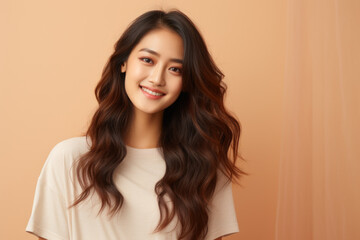 Fototapeta premium Woman with long brown hair is smiling at camera. This picture can be used to convey happiness and positivity in various contexts.