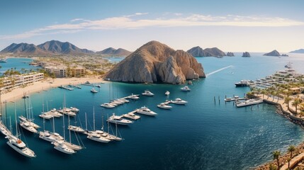 Aerial panoramic view of Lands End and El Arco at the tip of Baja California Sur, with the Cabo San Lucas, Mexico marina in the background - obrazy, fototapety, plakaty
