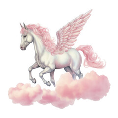Pink Unicorn Above The Clouds Illustration, Generative Ai