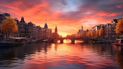 Fototapeta na wymiar Amsterdam. Holland. Downtown of Amsterdam. Traditional houses and bridges of Amsterdam. A colorful sundown time. Virtical