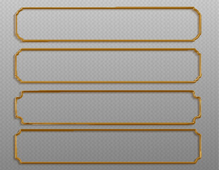 Set of realistic golden metal frames. 3d golden geometric banners - decoration elements for greeting card, cover, poster or invitation. Vector illustration.