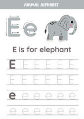 Tracing alphabet letters for kids. Animal alphabet. E is for elephant.