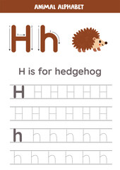 Tracing alphabet letters for kids. Animal alphabet. H is for hedgehog.
