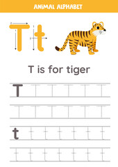 Tracing alphabet letters for kids. Animal alphabet. T is for tiger.