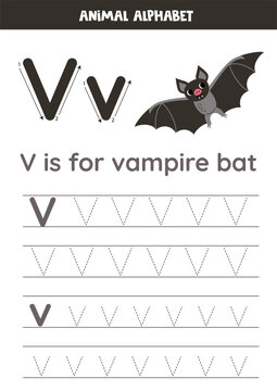 Tracing alphabet letters for kids. Animal alphabet. v is for vampire bat.