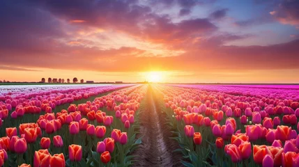 Schilderijen op glas A magical landscape with sunrise over tulip field in the Netherlands © Muhammad