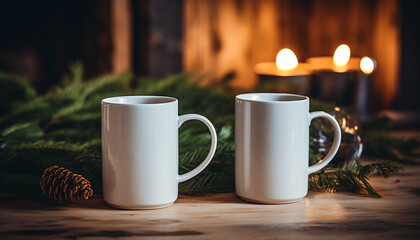 christmas cup of coffee with cinnamon and star anise on wooden table with christmas lights