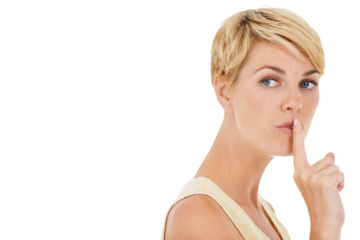 Finger on the lips, woman and secret with emoji, whisper or gossip isolated on a transparent background. Person, girl or model with hand gesture, icon and symbol for silence, png or confidential info